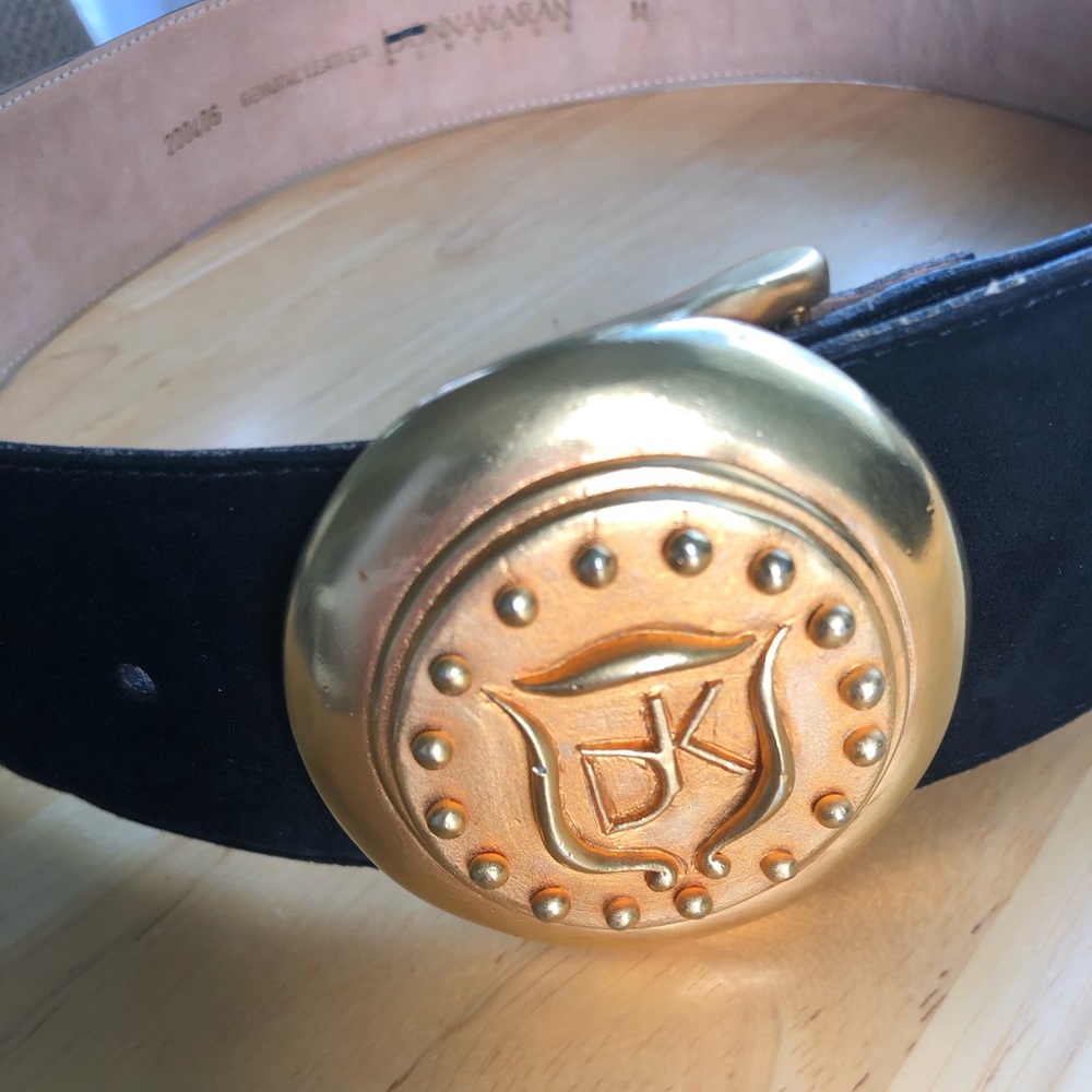 Donna Karan Vintage Luxury Couture Wide Black Suede Belt with Gold Medallion - Picture 7 of 15